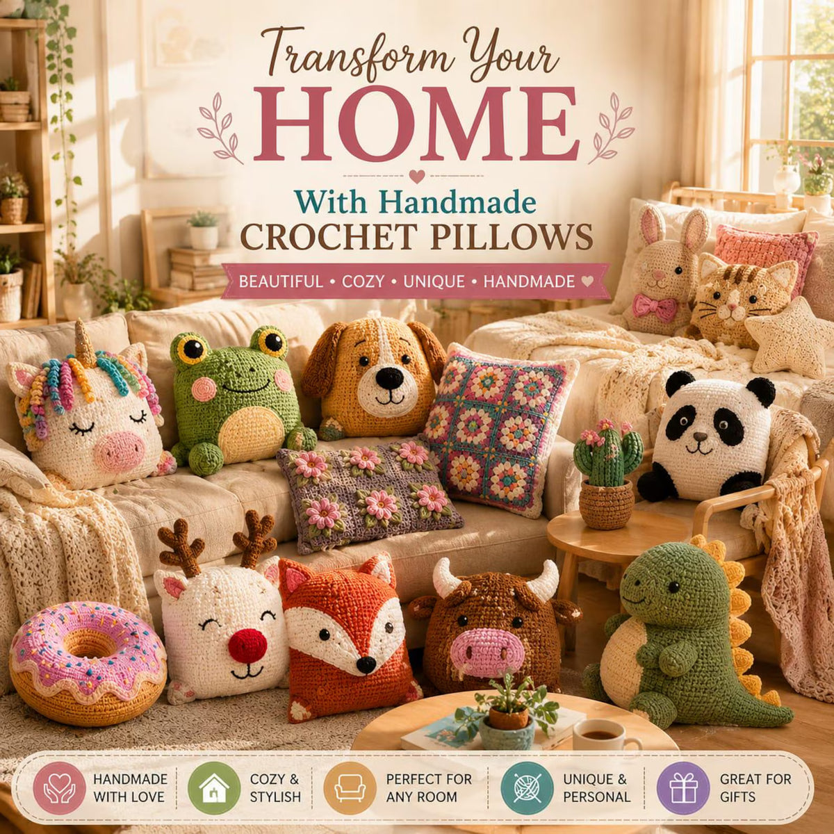 20+ Crochet Pillow Patterns Bundle | Animal, Cushion Cover PDF Designs (Instant Download)