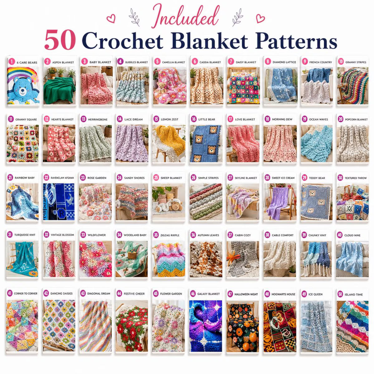 50 Crochet Blanket Patterns Bundle | Baby, Granny Square, Floral Throws (Digital Download)