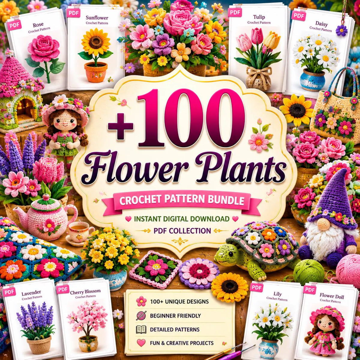 100+ Flower Crochet Patterns Bundle | Amigurumi, Granny Squares, Bouquets (PDF Collection)