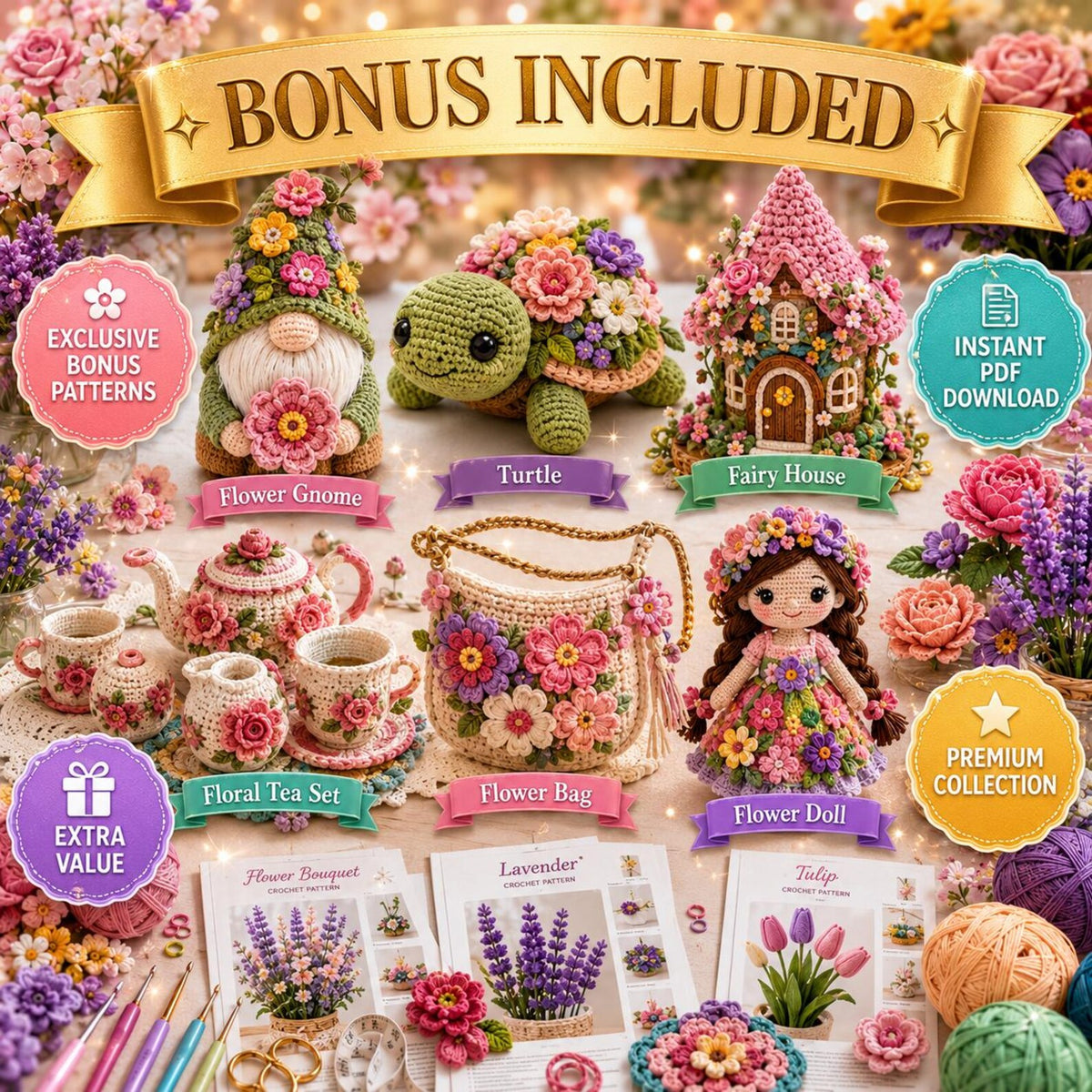 100+ Flower Crochet Patterns Bundle | Amigurumi, Granny Squares, Bouquets (PDF Collection)