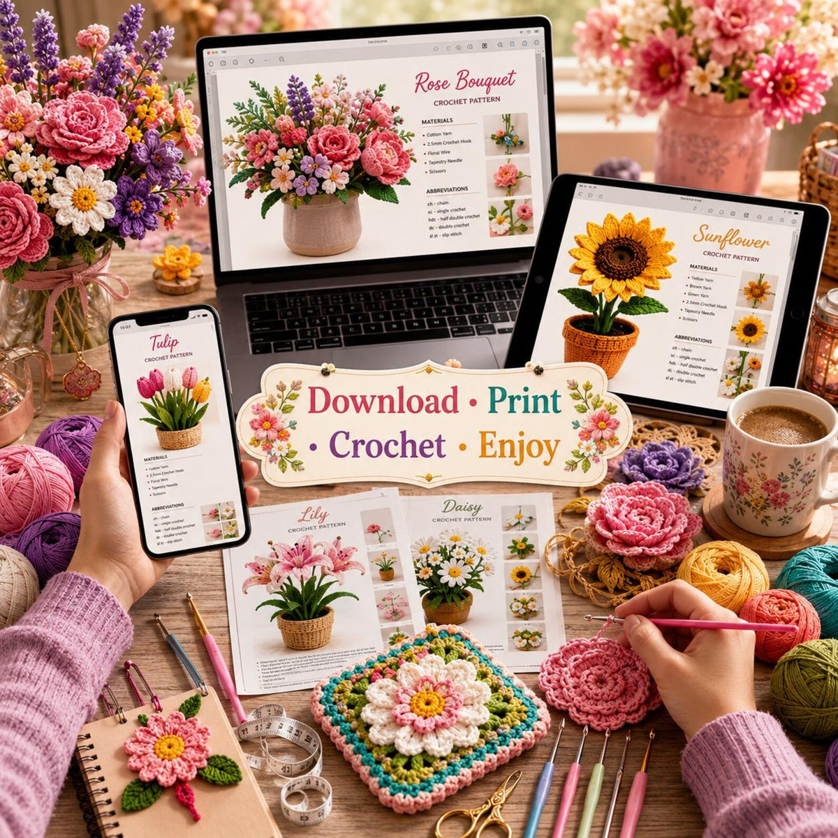 100+ Flower Crochet Patterns Bundle | Amigurumi, Granny Squares, Bouquets (PDF Collection)