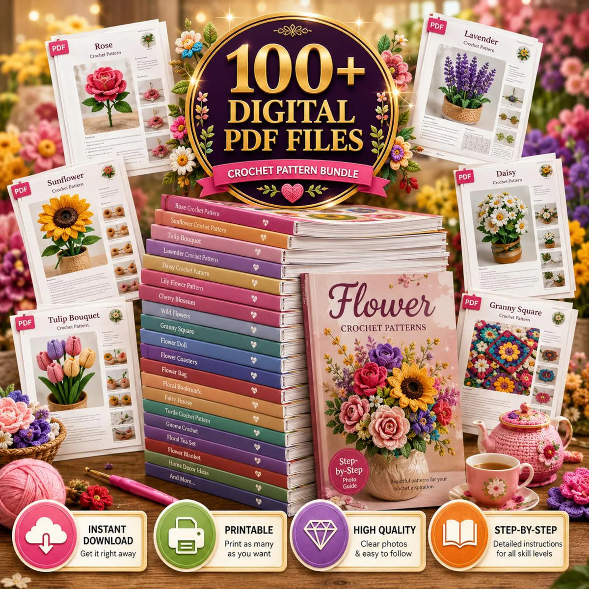 100+ Flower Crochet Patterns Bundle | Amigurumi, Granny Squares, Bouquets (PDF Collection)