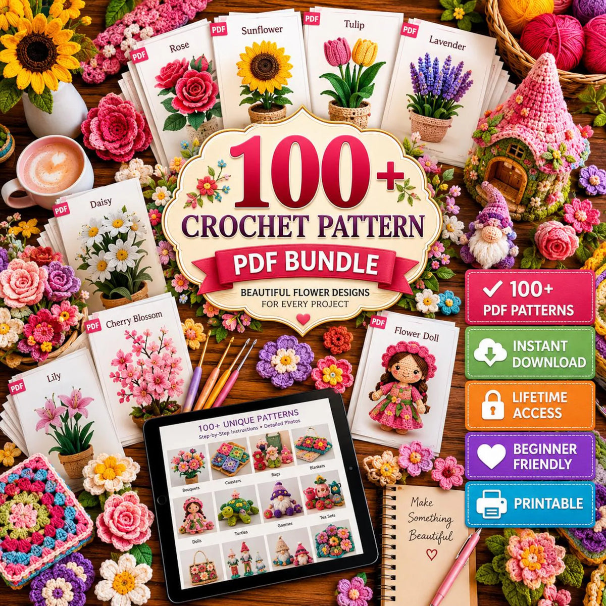 100+ Flower Crochet Patterns Bundle | Amigurumi, Granny Squares, Bouquets (PDF Collection)