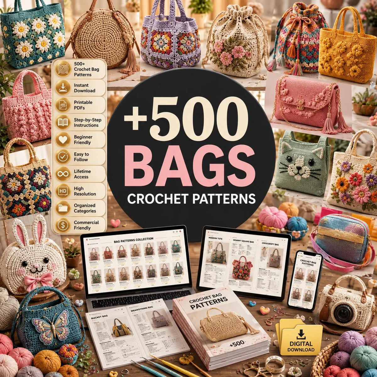 500+ Crochet Bag Patterns Bundle | Tote, Purse, Backpack PDF Patterns (Instant Download)