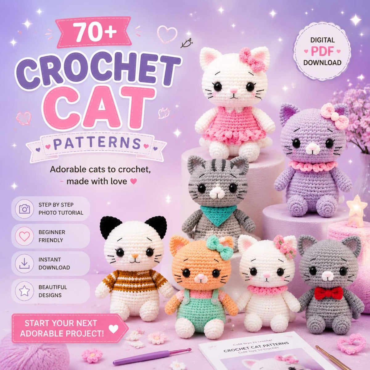 70 Cat Crochet Patterns Bundle | Amigurumi PDF Patterns for Beginners (Digital Download)