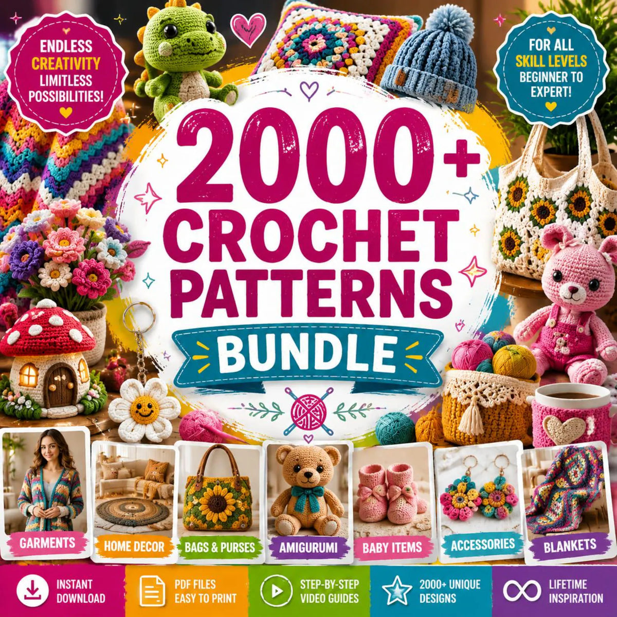 2000+ Crochet Patterns Bundle | Amigurumi, Blankets, Bags, Home Decor (PDF Files)