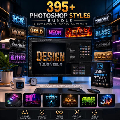 402+ Photoshop Styles Bundle | Gold, Chrome, Neon, 3D, Vintage Text Effects (Digital Download)