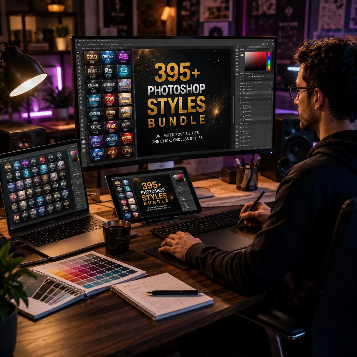 402+ Photoshop Styles Bundle | Gold, Chrome, Neon, 3D, Vintage Text Effects (Digital Download)