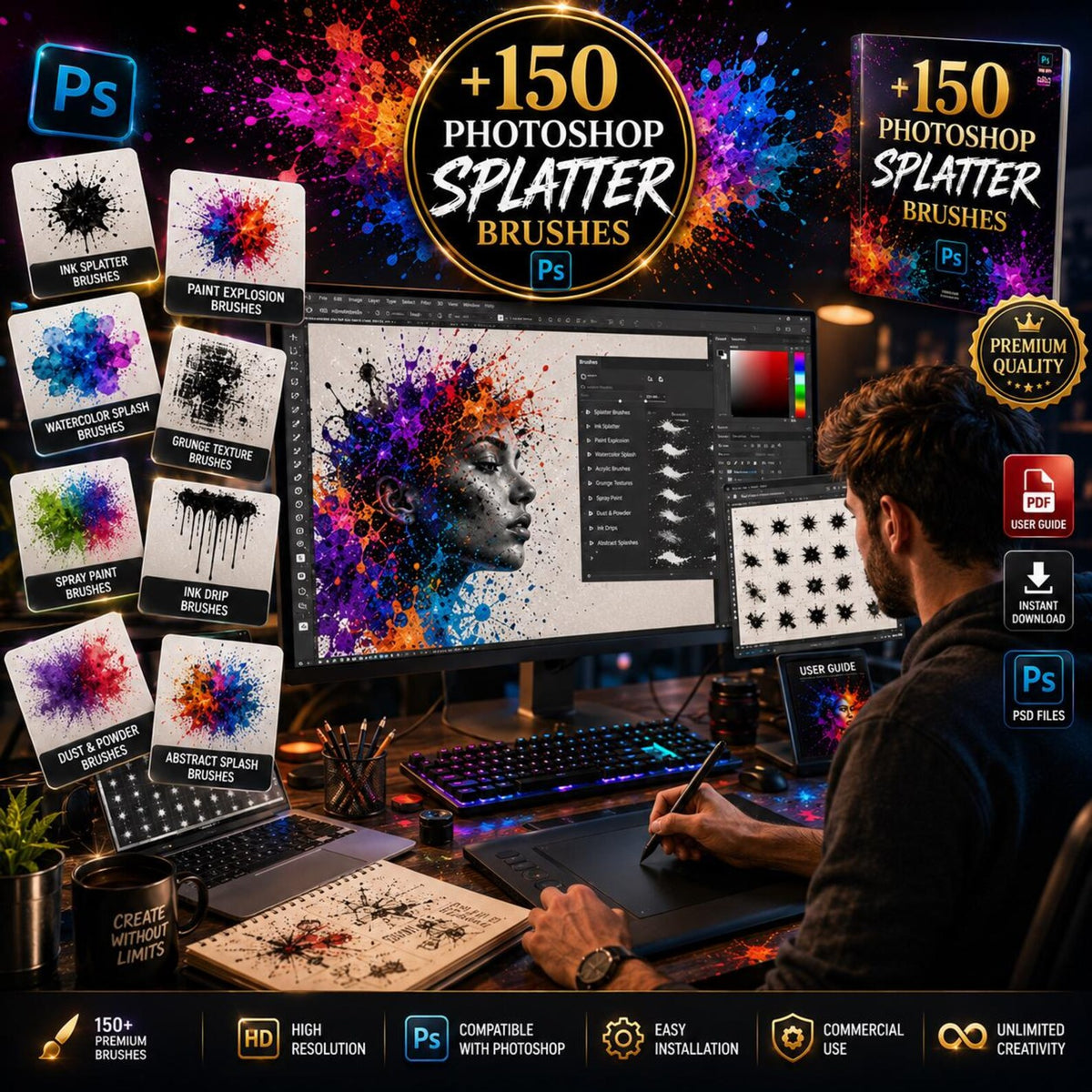 150+ Photoshop Splatter Brushes Bundle | Ink, Paint, Grunge, Watercolor (Digital Download)
