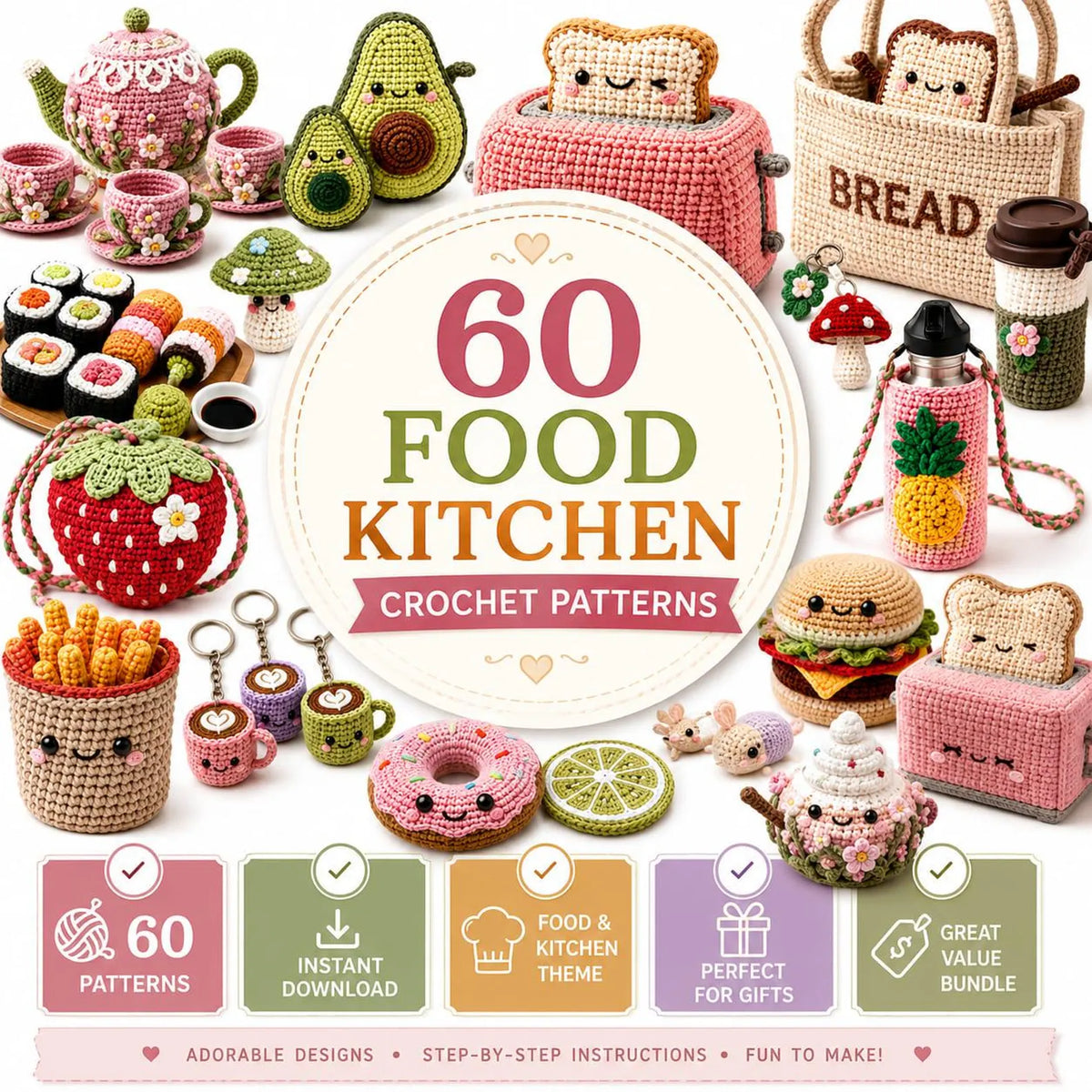 60+ Food Kitchen Crochet Patterns Bundle | Amigurumi, Fruit, Vegetable (PDF Download)