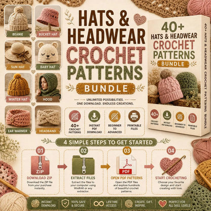 40 Crochet Hat Patterns Bundle | Beanie, Bucket, Baby Hat, Hood (PDF Download)