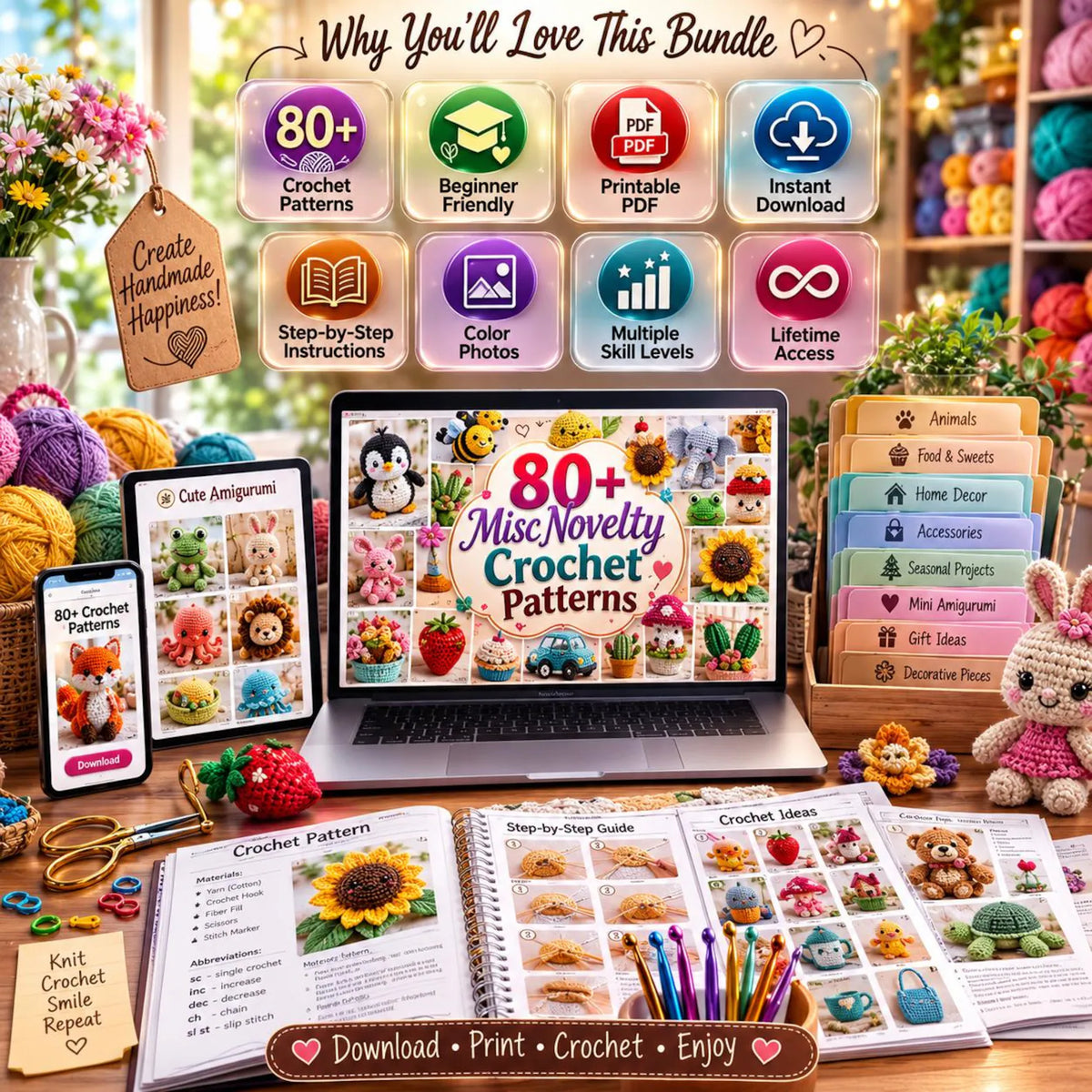 80+ Novelty Crochet Patterns Bundle | Amigurumi, Toys, Gifts, Decor (PDF Download)