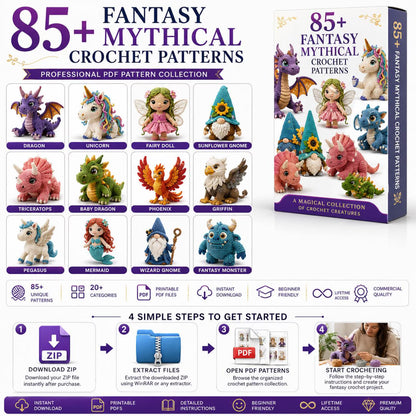 85+ Fantasy Mythical Crochet Patterns Bundle | Dragon, Unicorn, Fairy, Gnome Amigurumi (PDF Download)