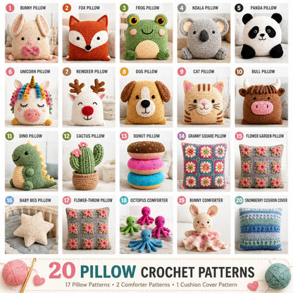 20+ Crochet Pillow Patterns Bundle | Animal, Cushion Cover PDF Designs (Instant Download)