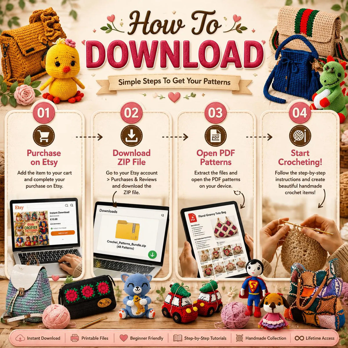 48 Crochet Patterns Bundle | Amigurumi Toys, Bags, Cardigan, Wallets (PDF Download)