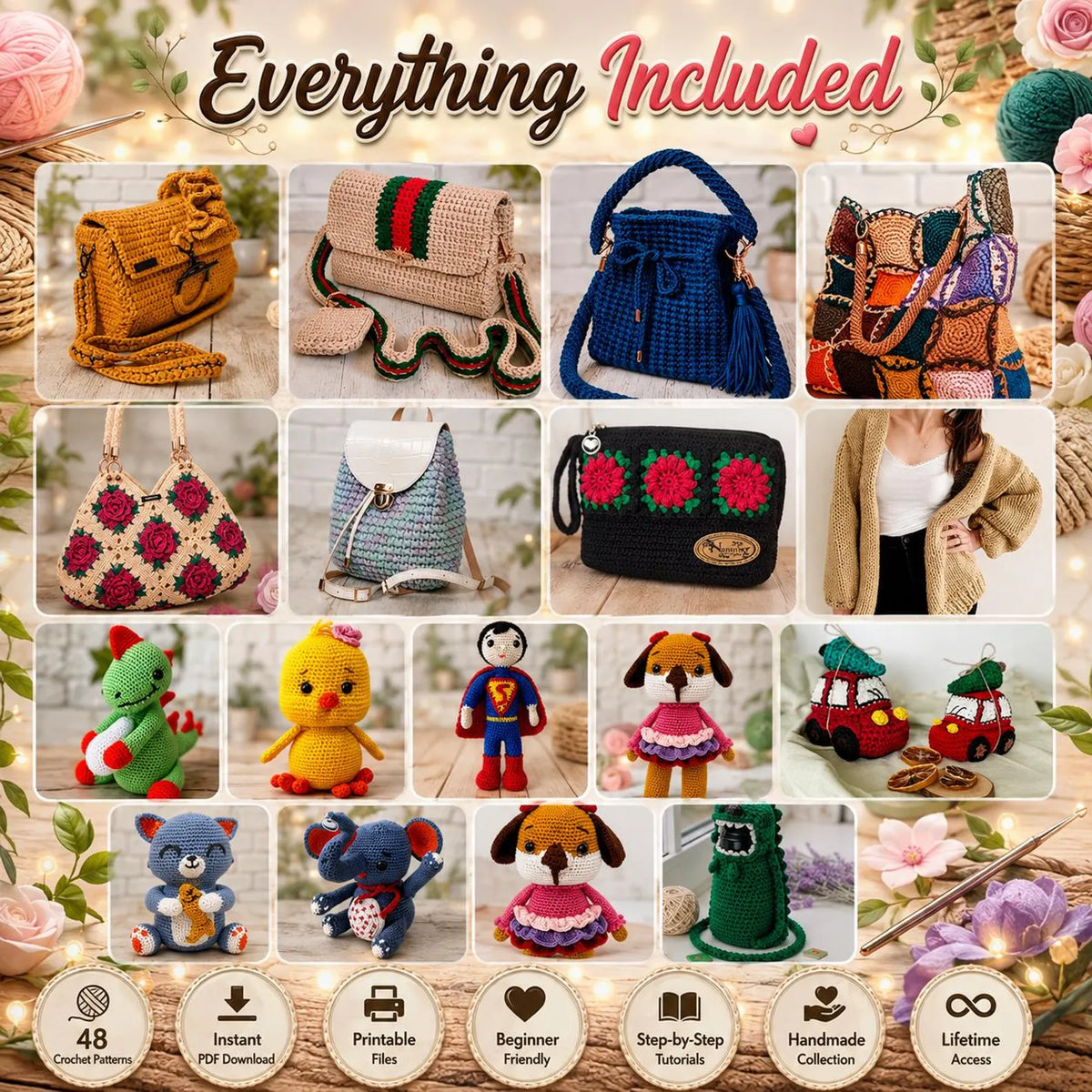 48 Crochet Patterns Bundle | Amigurumi Toys, Bags, Cardigan, Wallets (PDF Download)