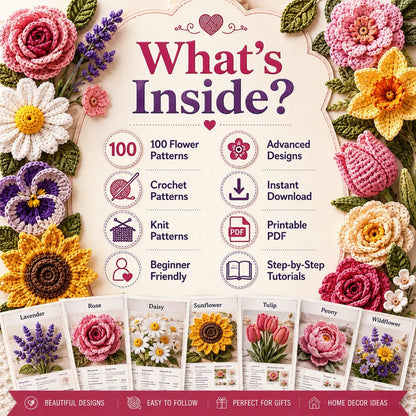 100 Flower Crochet Knit Patterns Bundle | Floral Blanket, Granny Square (PDF Download)