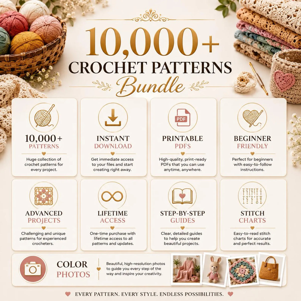 10000+ Crochet Patterns Bundle | Amigurumi, Blankets, Baby Clothes (PDF Download)