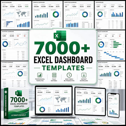 7000+ Excel Dashboard Templates Bundle | KPI, Finance, Sales, HR Reports (Digital Download)