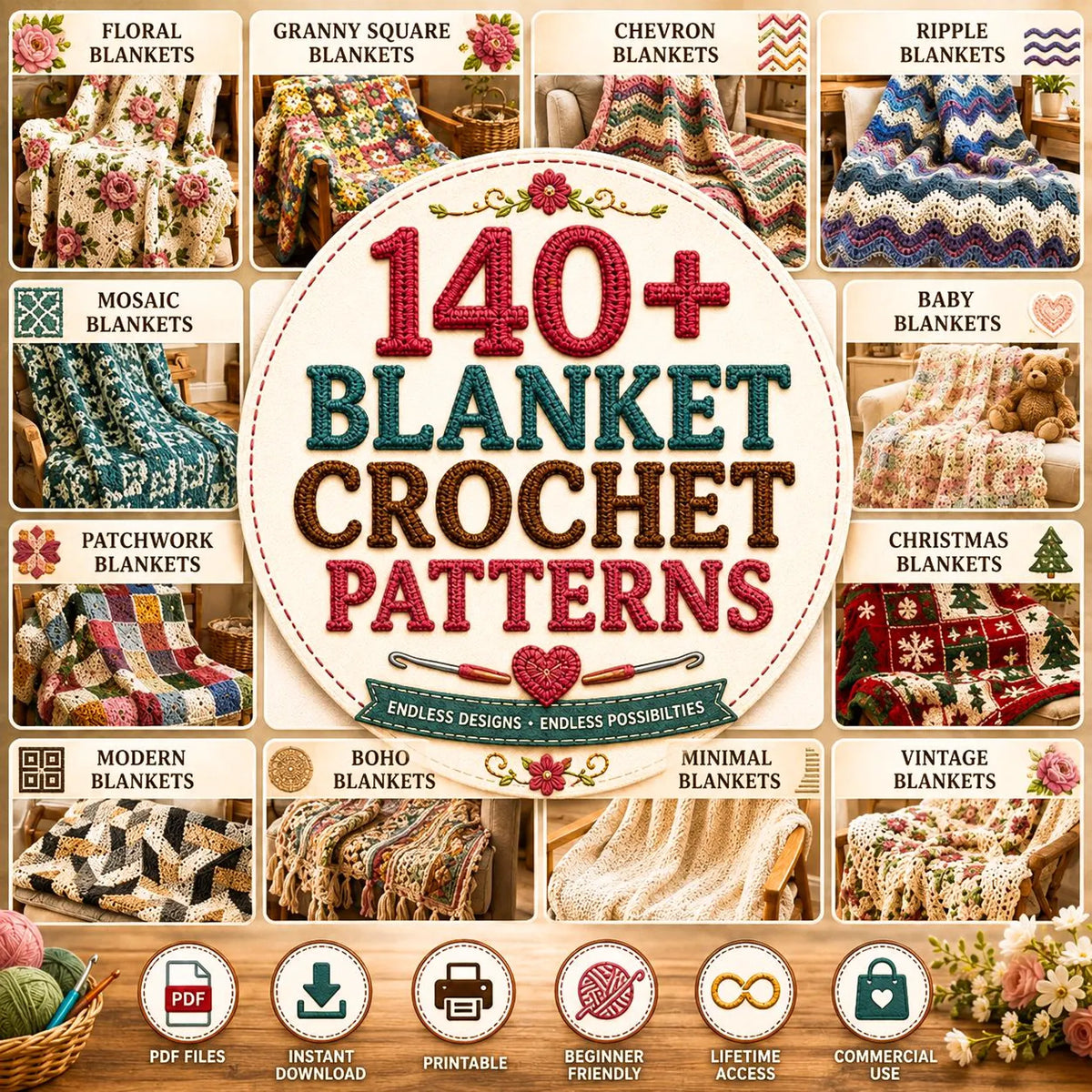 140+ Blanket Crochet Patterns Bundle | Granny Square, Baby, Throw Afghans (PDF Download)