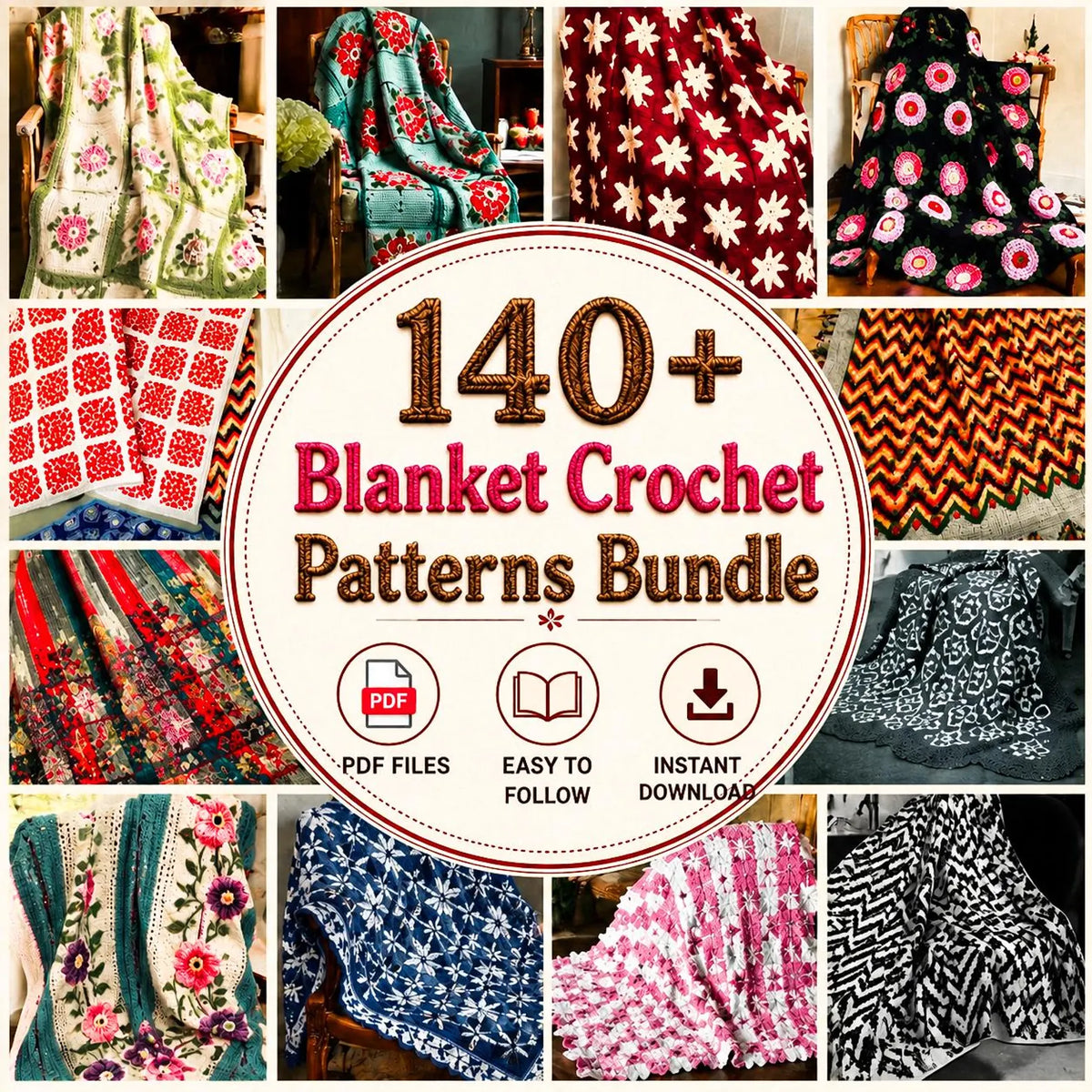 140+ Blanket Crochet Patterns Bundle | Granny Square, Baby, Throw Afghans (PDF Download)