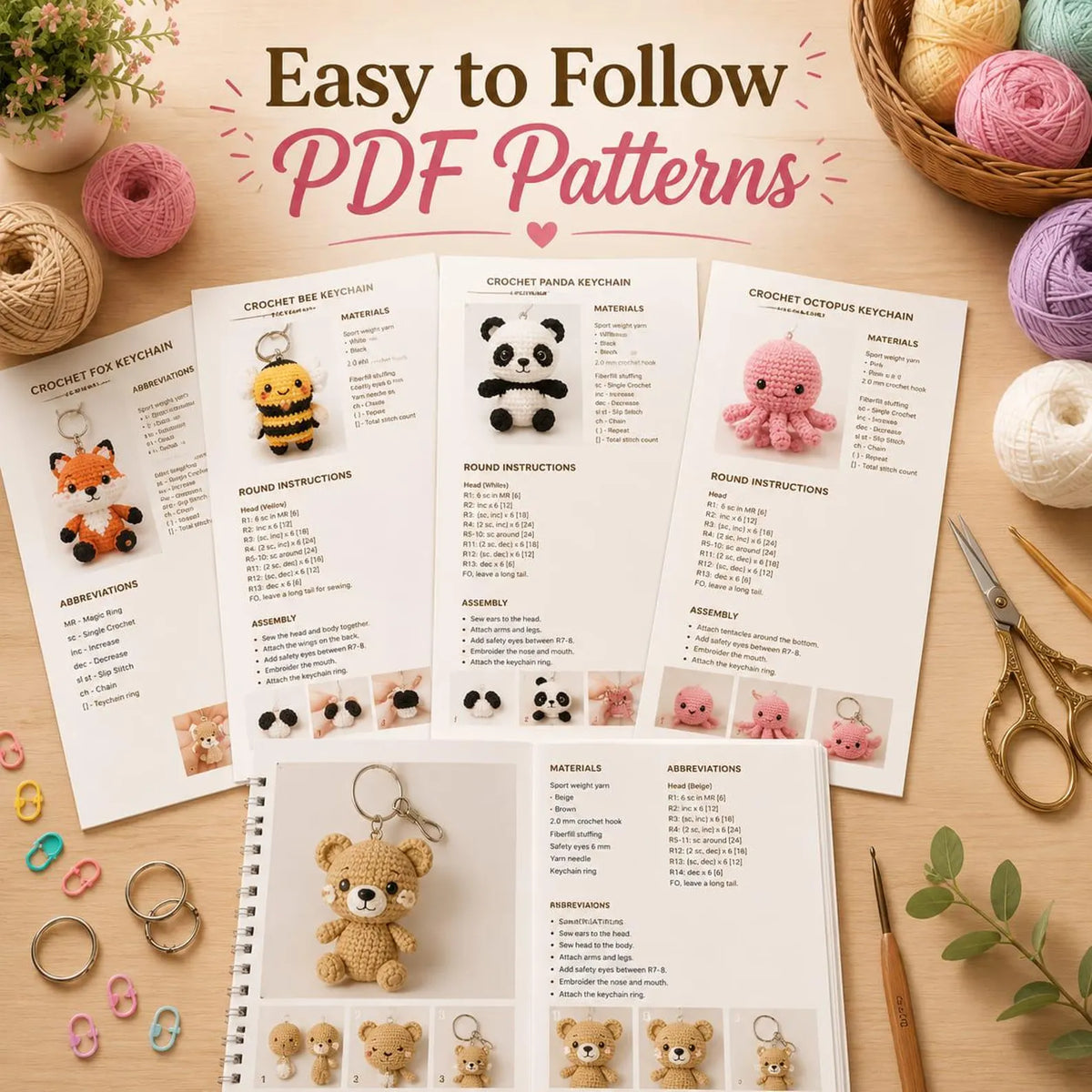 350+ Crochet Keychain Patterns Bundle | Amigurumi Animal, Food, Flower Charms (PDF)