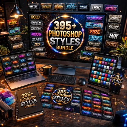 402+ Photoshop Styles Bundle | Gold, Chrome, Neon, 3D, Vintage Text Effects (Digital Download)
