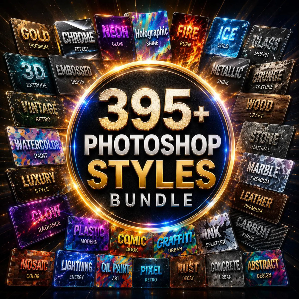 402+ Photoshop Styles Bundle | Gold, Chrome, Neon, 3D, Vintage Text Effects (Digital Download)