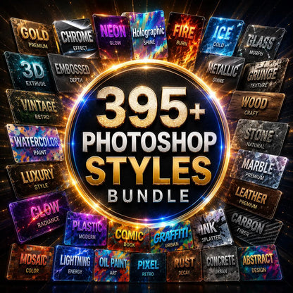 402+ Photoshop Styles Bundle | Gold, Chrome, Neon, 3D, Vintage Text Effects (Digital Download)