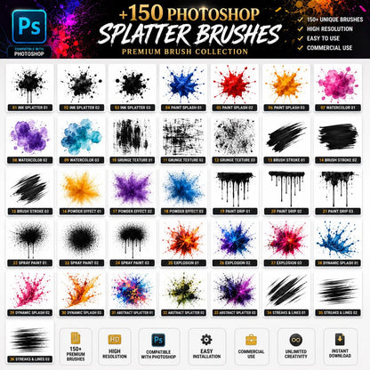 150+ Photoshop Splatter Brushes Bundle | Ink, Paint, Grunge, Watercolor (Digital Download)