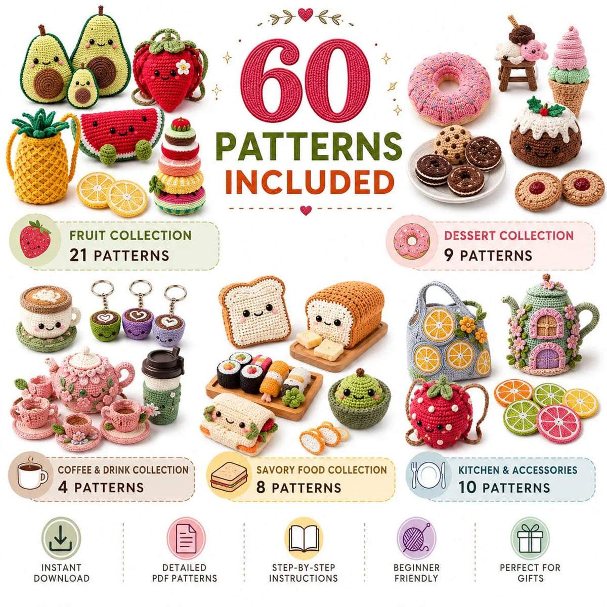 60+ Food Kitchen Crochet Patterns Bundle | Amigurumi, Fruit, Vegetable (PDF Download)