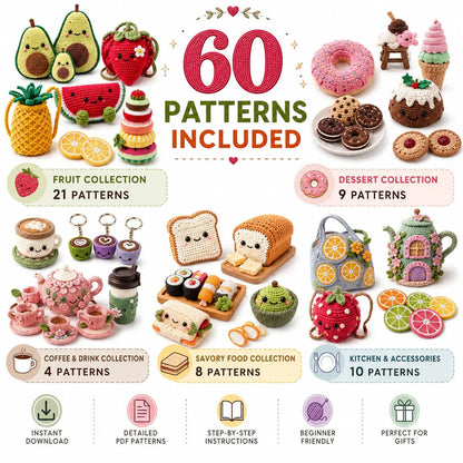 60+ Food Kitchen Crochet Patterns Bundle | Amigurumi, Fruit, Vegetable (PDF Download)
