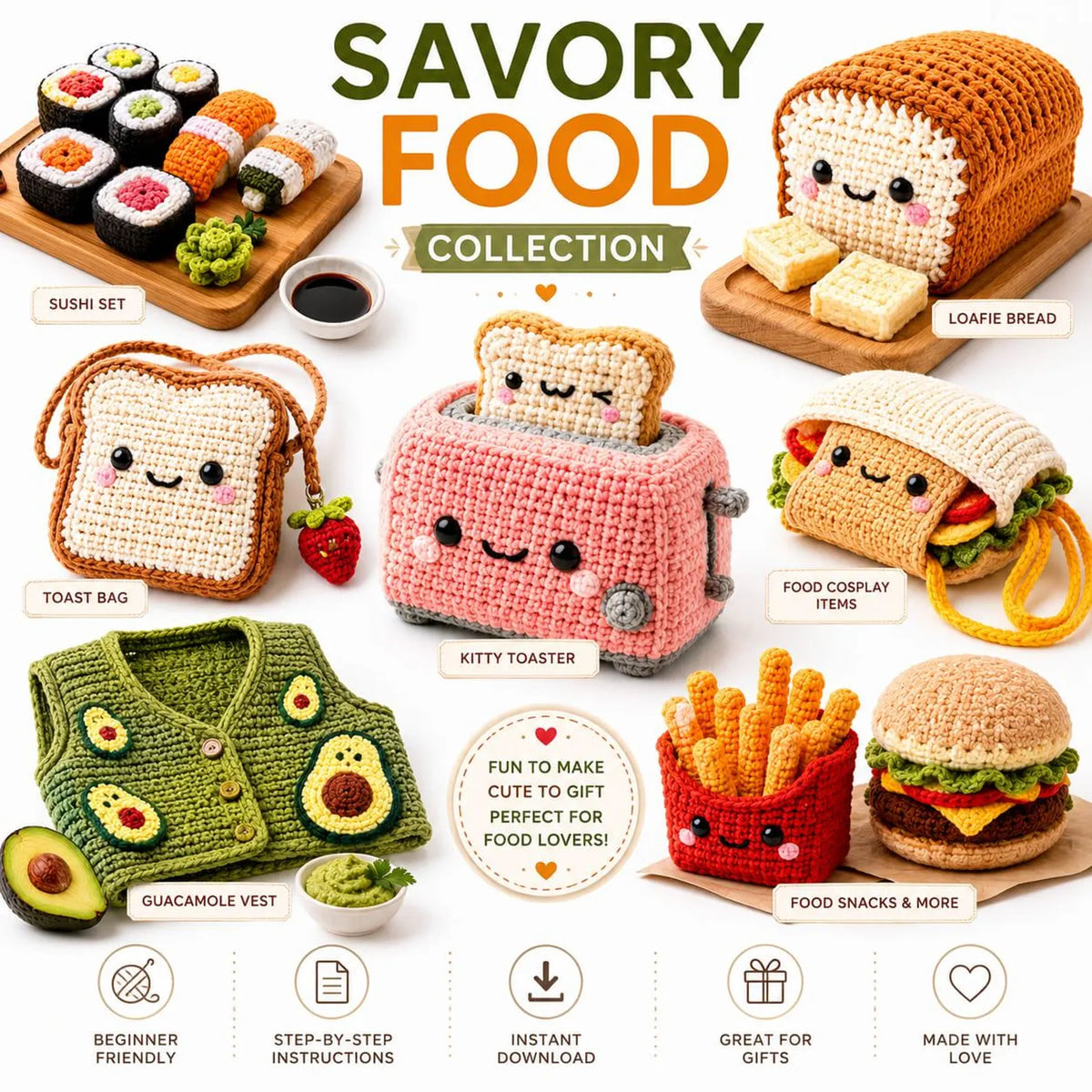60+ Food Kitchen Crochet Patterns Bundle | Amigurumi, Fruit, Vegetable (PDF Download)
