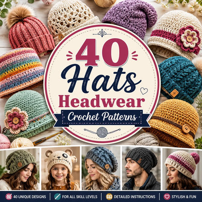 40 Crochet Hat Patterns Bundle | Beanie, Bucket, Baby Hat, Hood (PDF Download)