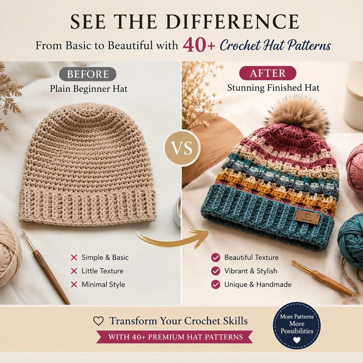 40 Crochet Hat Patterns Bundle | Beanie, Bucket, Baby Hat, Hood (PDF Download)