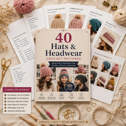 40 Crochet Hat Patterns Bundle | Beanie, Bucket, Baby Hat, Hood (PDF Download)