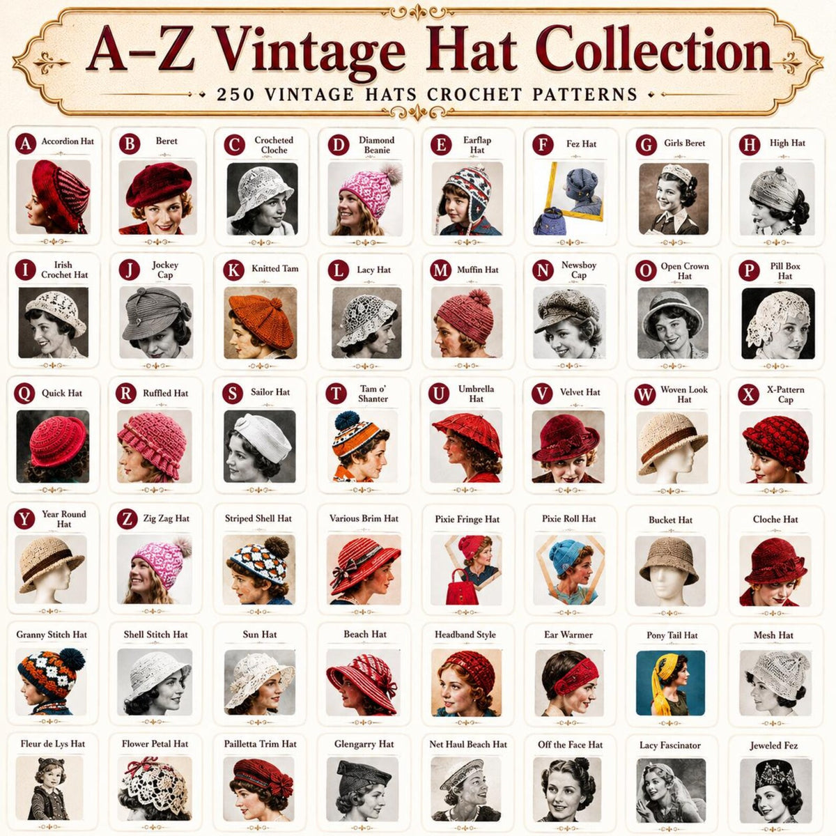250 Vintage Crochet Hat Patterns Bundle | Classic Beanie, Winter Hat Designs (PDF Download)