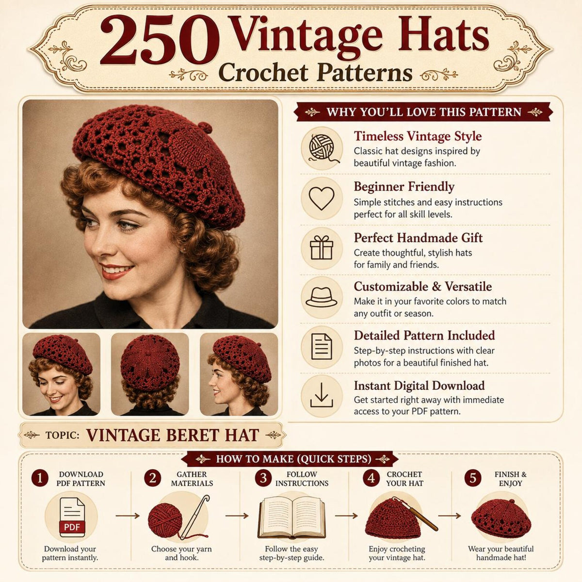 250 Vintage Crochet Hat Patterns Bundle | Classic Beanie, Winter Hat Designs (PDF Download)