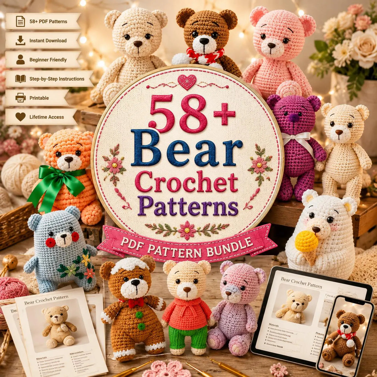 58+ Bear Crochet Patterns Bundle | Amigurumi PDF Patterns (Digital Download)