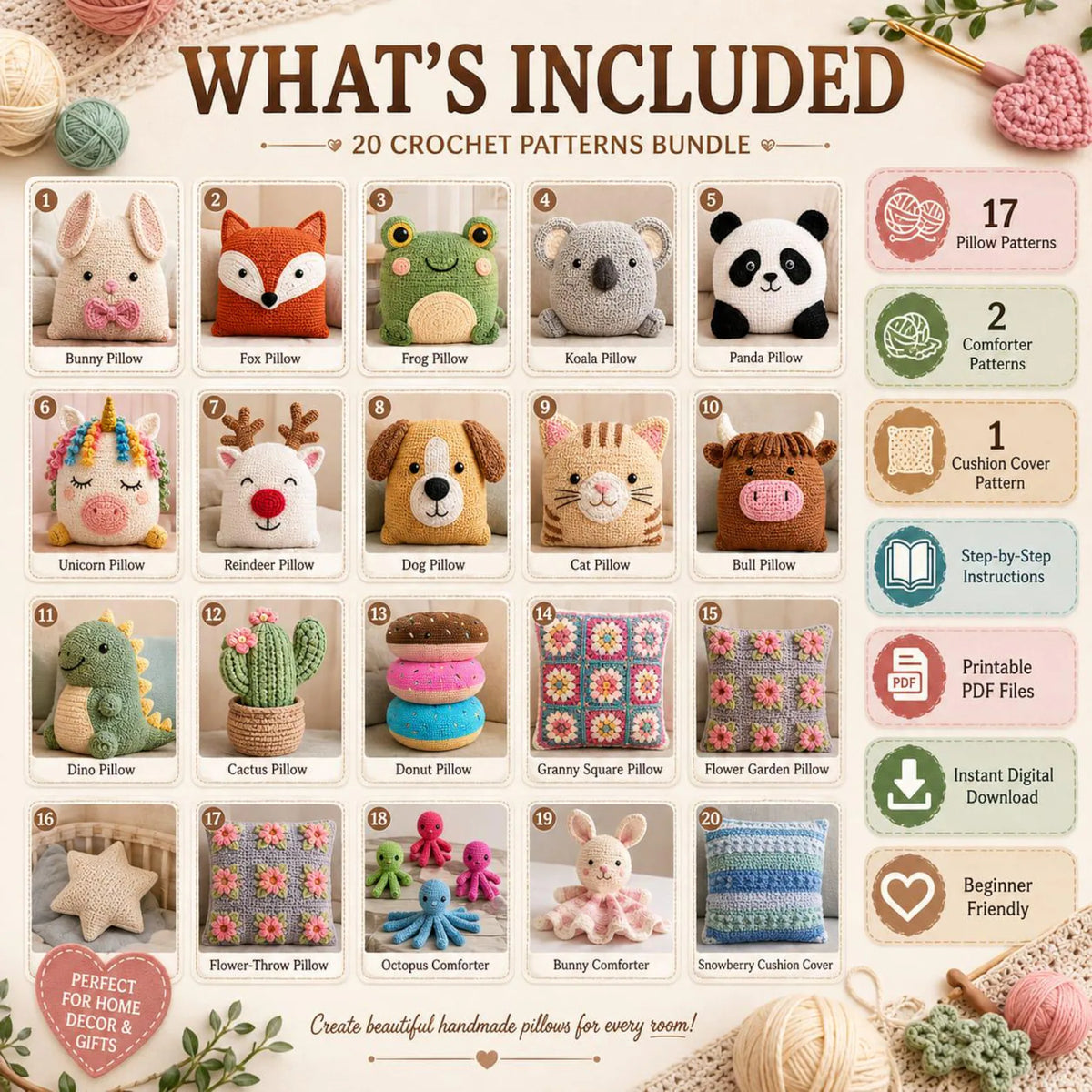 20+ Crochet Pillow Patterns Bundle | Animal, Cushion Cover PDF Designs (Instant Download)