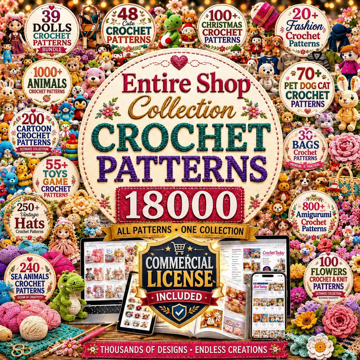18000 Crochet Patterns Bundle, Amigurumi, Animals, Dolls, Flowers, Bags, Vintage (PDF Patterns)