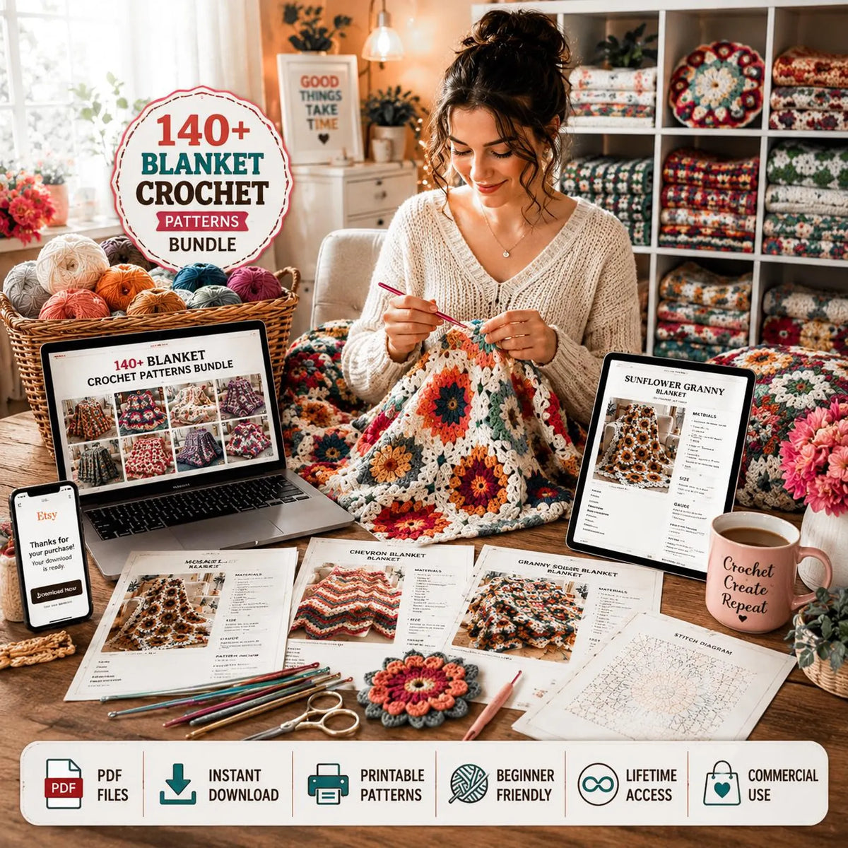 140+ Blanket Crochet Patterns Bundle | Granny Square, Baby, Throw Afghans (PDF Download)