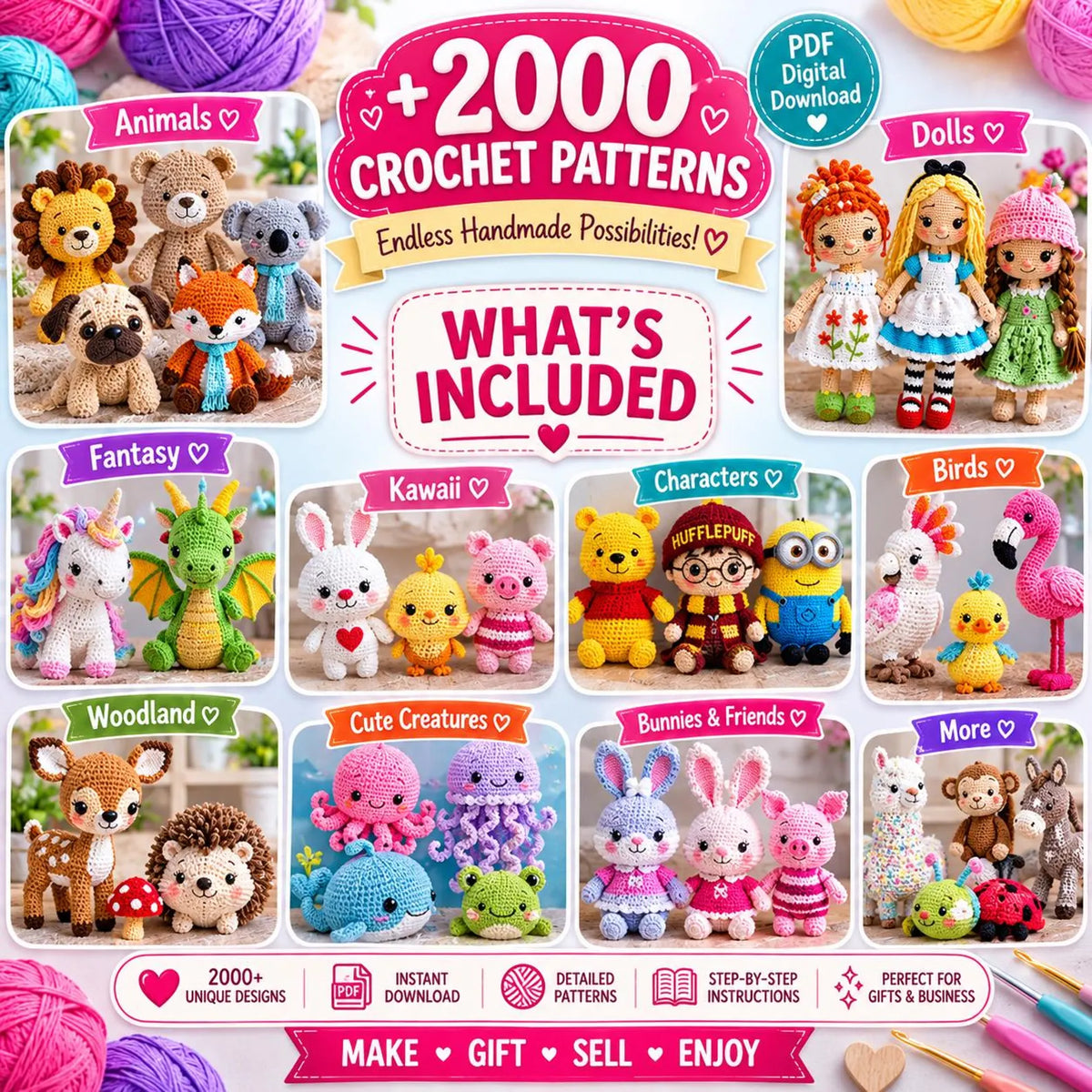 2000 Amigurumi Crochet Patterns Bundle | Kawaii Animals, Dolls, Toys (PDF Download)