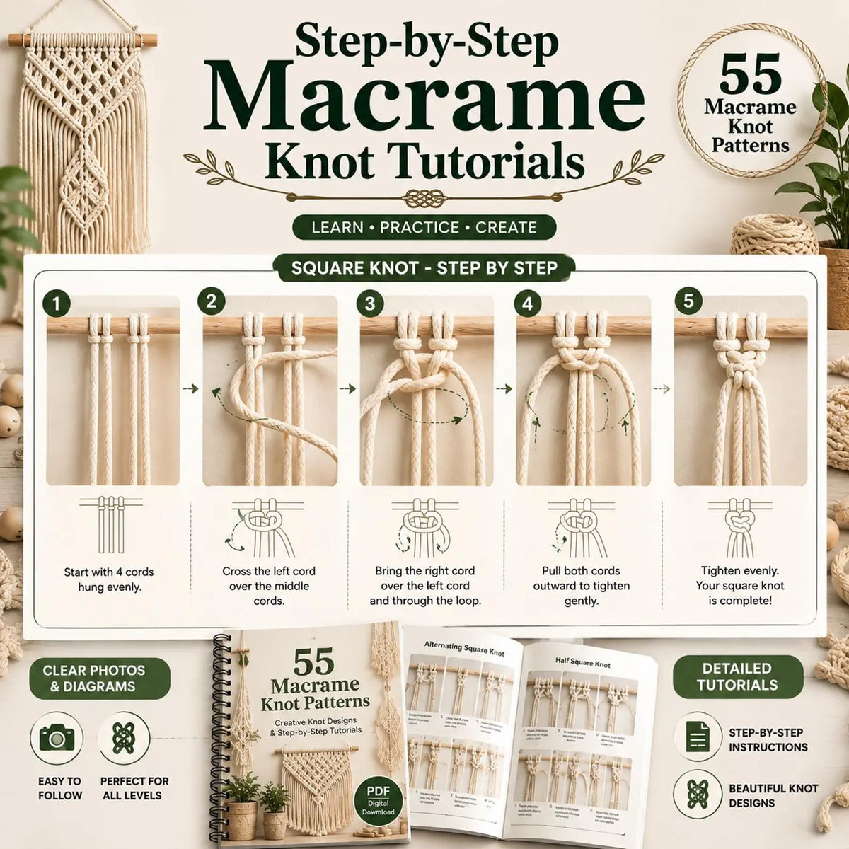 55 Macrame Knot Patterns Guide | Beginner Boho Craft Tutorial (Digital Download)