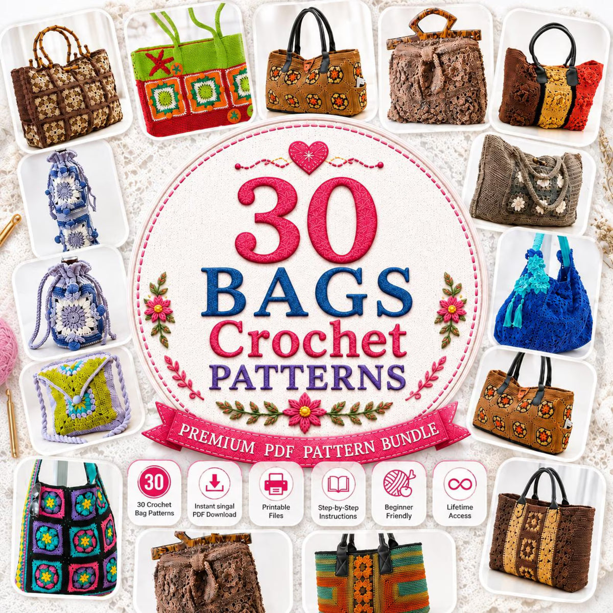30 Crochet Bag Patterns Bundle | Tote, Shoulder, Purse PDF Patterns