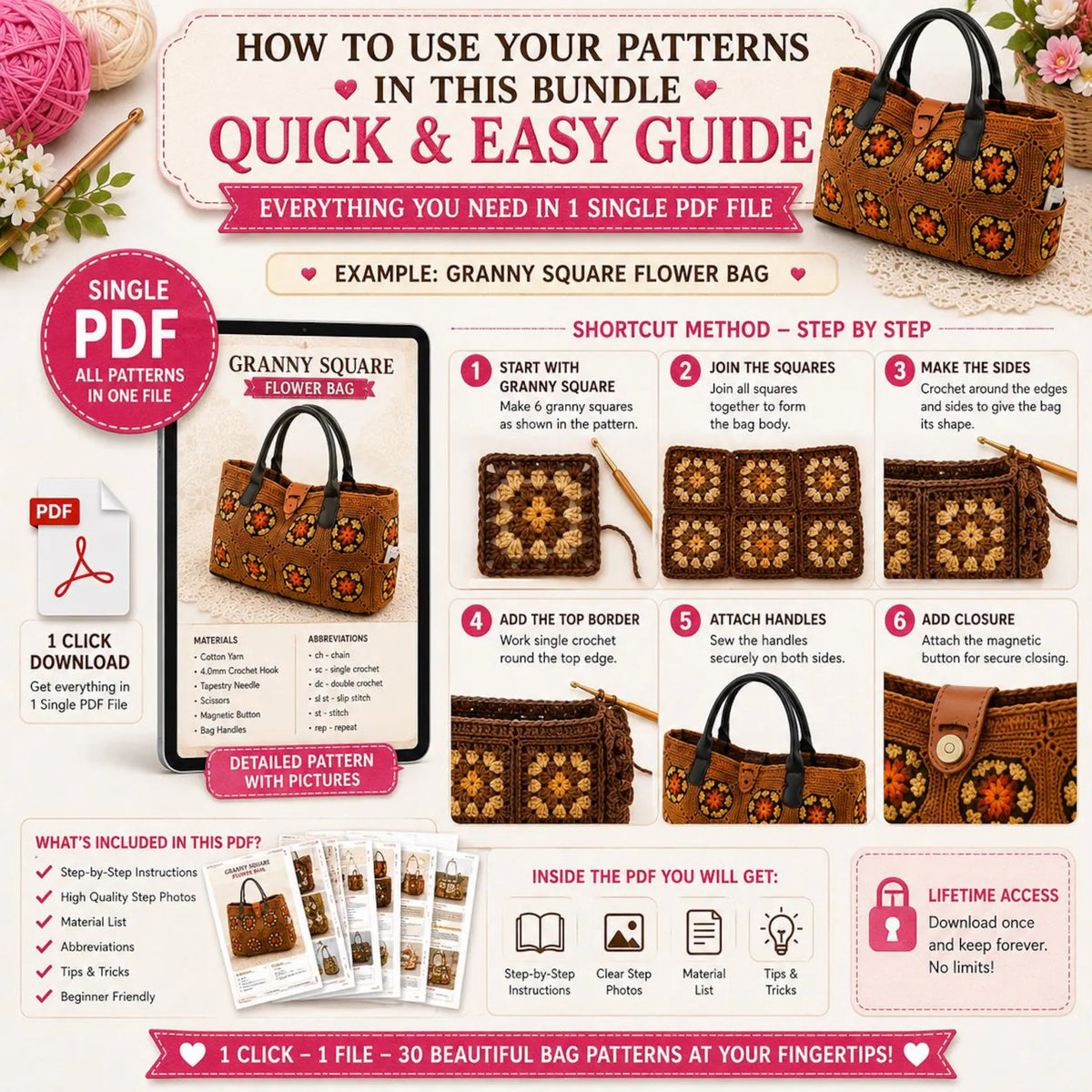 30 Crochet Bag Patterns Bundle | Tote, Shoulder, Purse PDF Patterns