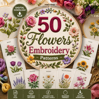 50 Floral Embroidery Patterns | Botanical Hand Stitch Designs (PDF Download)