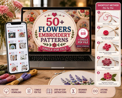 50 Floral Embroidery Patterns | Botanical Hand Stitch Designs (PDF Download)