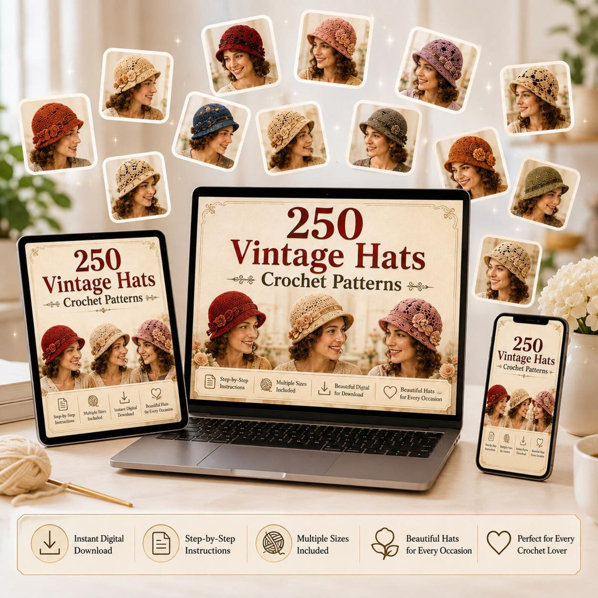 250 Vintage Crochet Hat Patterns Bundle | Classic Beanie, Winter Hat Designs (PDF Download)