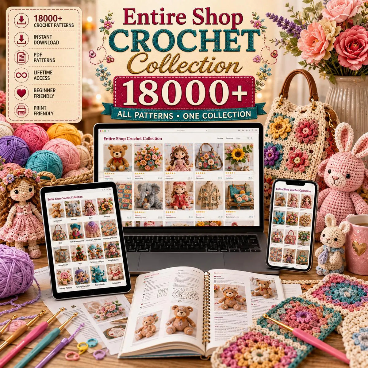 18000 Crochet Patterns Bundle, Amigurumi, Animals, Dolls, Flowers, Bags, Vintage (PDF Patterns)